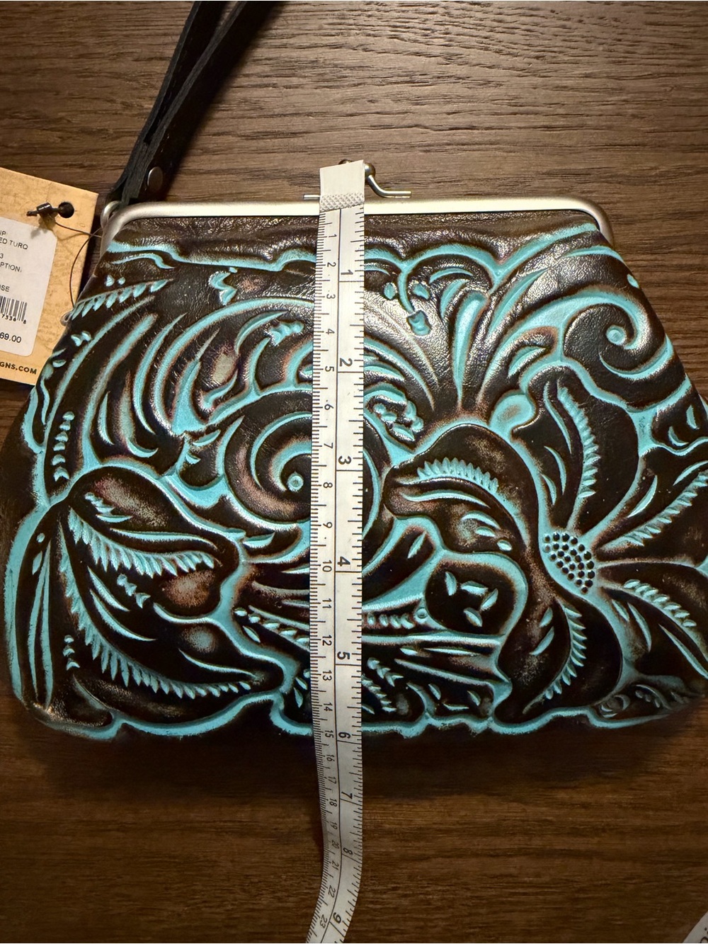 NWT Patricia Nash Savena Tooled Turquoise and Brown Embossed Leather Wristlet - Picture 4 of 5